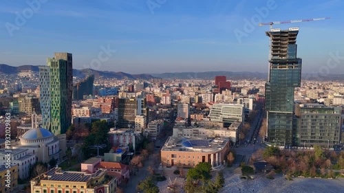 Aerial drone view of buildings downtown Tirana, Albania