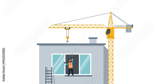 A construction worker installs a window in a building under construction, while a large yellow tower crane stands tall in the background.