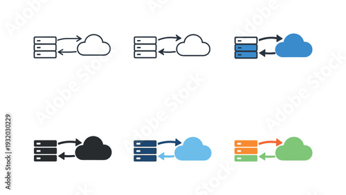Cloud migration icon showing a server or database connected by directional arrows to a cloud symbol, representing the transfer of