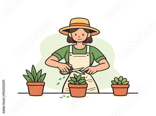 Sunny gardener trims plants with scissors, careful snips shaping leaves while pots rest nearby on a clean surface table top