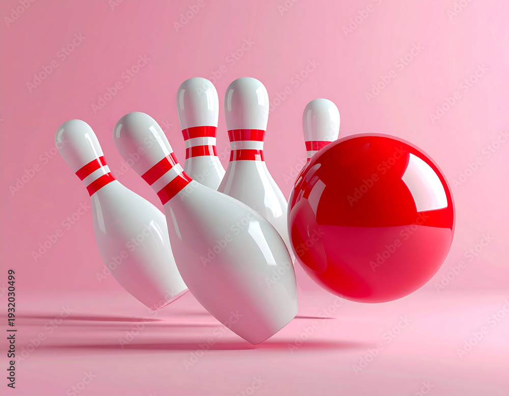 Naklejka premium Red Bowling Ball Hitting White Pins.