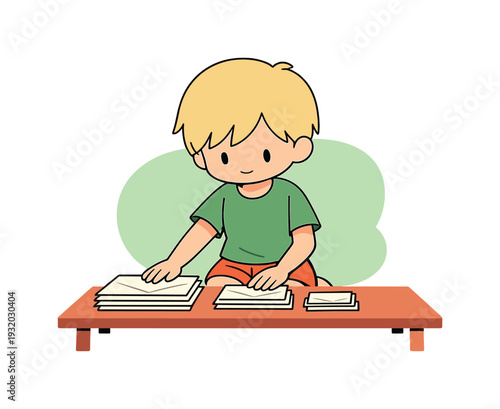 Sunny child sorts envelopes on a low table, stacking papers by size while corners align and hands move slowly. | sorting