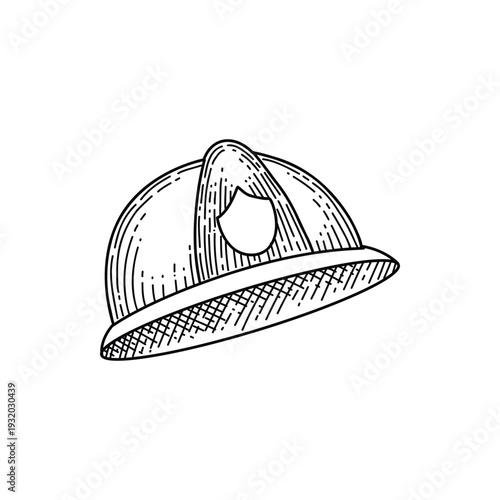 Fire helmet sign. Protective helmet with emblem. Hand-drawn hatching style. Vector illustration of firefighter uniform.