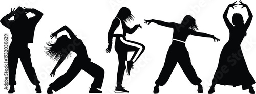 Dance silhouettes vector illustration, dynamic movement artwork of men and women in hip-hop contemporary flamenco styles, decorative black and white performance design