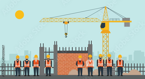 An illustration showing a bustling construction site with a large yellow crane, an incomplete building, and a team of nine construction workers.