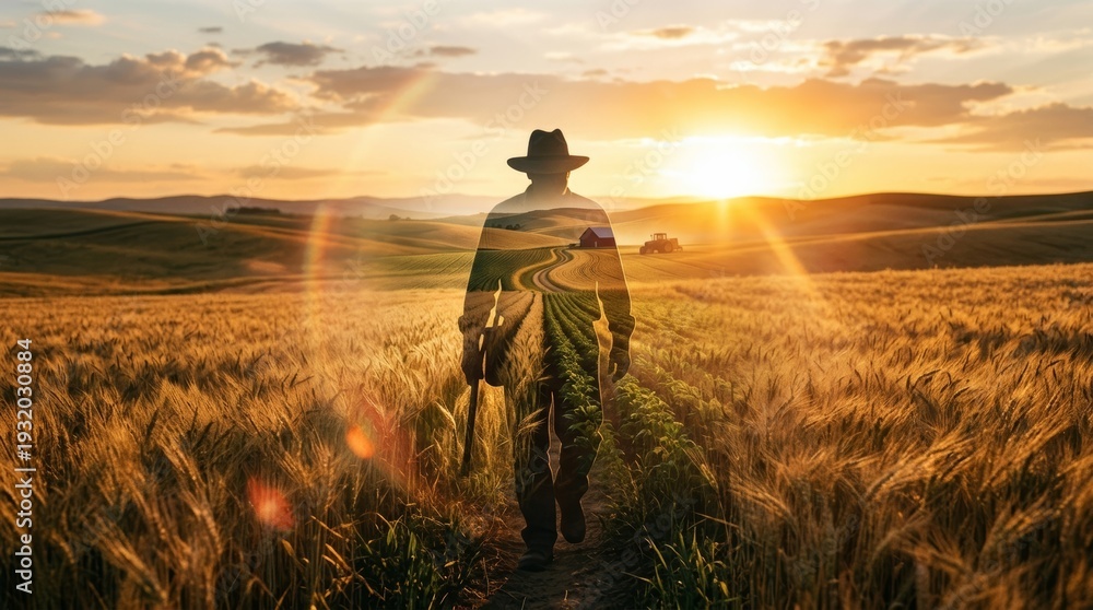 Naklejka premium Silhouette of a farmer walking through a golden wheat field at sunset with overlay of rural