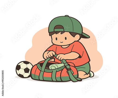 Cozy child packs sports gear into a bag on the floor, ball resting nearby, straps adjusted slowly. | packing sports gear, sports