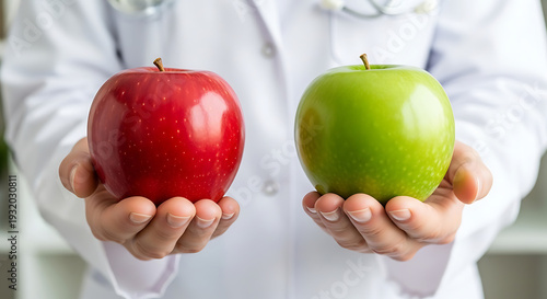 Doctor Holding Red and Green Apples for Healthy Diet Nutrition Comparison and Medical Advice