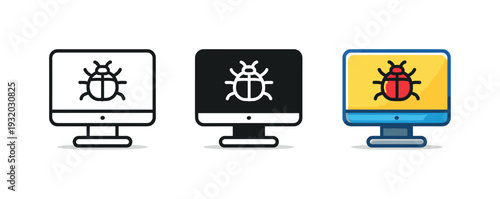 Bug Icon Variations. Developer maintenance scene showing a computer monitor icon with a small bug silhouette on screen, identical