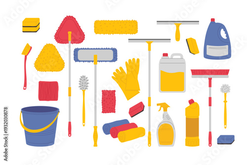 Showcases a variety of cleaning tools and supplies isolated white background. Cleaning supplies and tools.