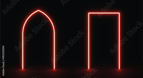 Glowing red neon shapes an arch and a rectangle on black background