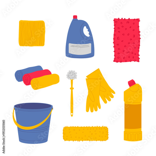 Household cleaning set: items for quality cleaning, including buckets, wipes, and cleaning products. Vector illustration.