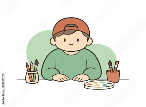 Nearby child finishes preparing art supplies, hands resting briefly, tools ready for creative time. | art supplies, preparing art