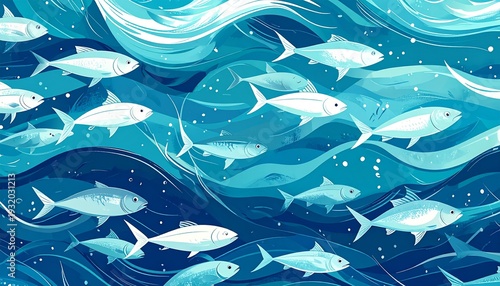 School of Fish Swimming in Ocean Waves.