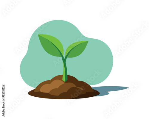 Young green seedling growing from rich soil with stylized teal backdrop and plenty of white space
