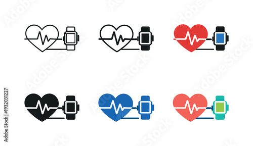 Smartwatch heart rate monitoring icons with electrocardiogram line and different color variations