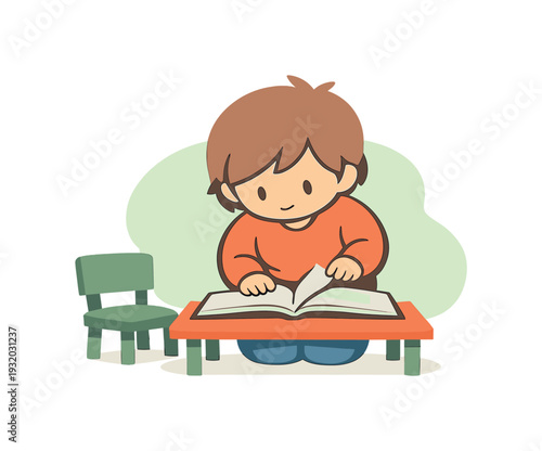 Warm child leans over a book, carefully turning one page at a time as a chair and low table sit close by. | child turning pages