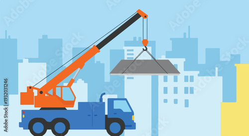An orange and blue crane truck lifts a grey slab with its boom, set against a light blue cityscape background under a clear sky.