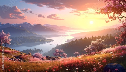 Serene Landscape with Lake and Mountains at Sunset.