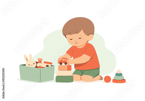 Calm child cleans toys into a box, pausing to stack items neatly as the room grows quieter and more spacious. | cleaning toys toy
