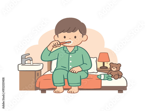 Bedtime Toothbrush Scene. Quiet child sits on a bed brushing teeth at a small sink nearby, pajamas on, lamp dim, curtains closed,