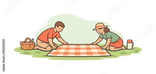 Whimsical Picnic Scene. Calm family lays out a picnic blanket on grass, bodies leaning as edges align and ground shows around |