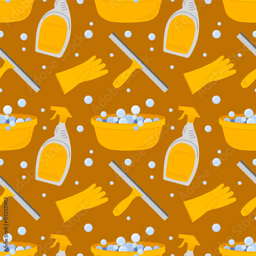 House window cleanliness: seamless pattern with window scraper and cleaning products. For wallpapers, advertising, and wrapping.