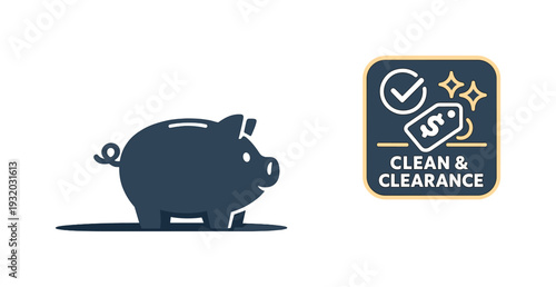 Piggy bank and clean and clearance sale tag icon for saving money and discounts