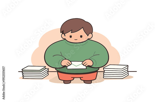 Small person organizes letters on a desk, sorting envelopes into neat stacks while hands move calmly in soft order. | letters,