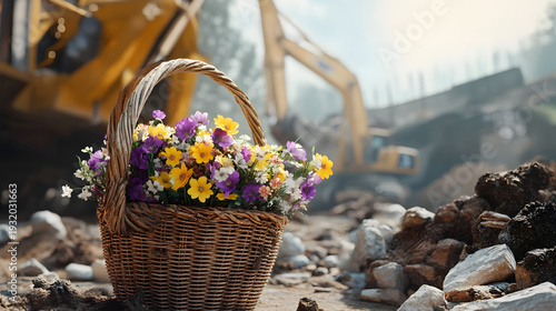 Spring flowers in a basket inside a construction site with construction machinery in the background. Concept of spring time in the construction industry.