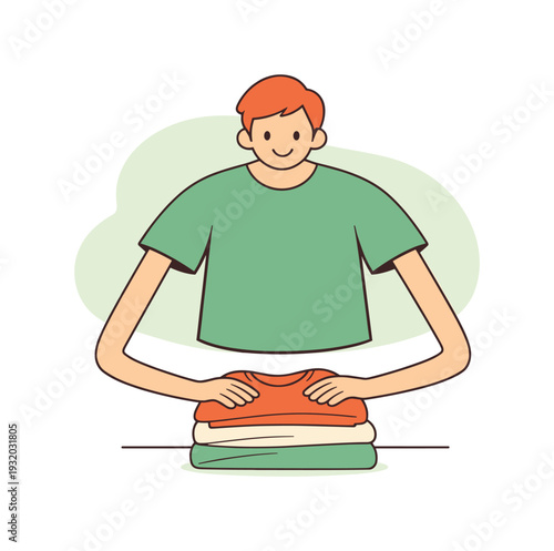 Young man with red hair folding a neat stack of colorful t-shirts on a table
