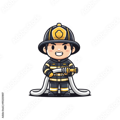 Cute Firefighter Boy Character Holding a Water Hose, Adorable Fireman Mascot Wearing Protective Helmet and Uniform, Fire and Rescue Service Illustration Isolated on White Background