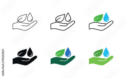 Sustainable Resource Icons. Efficient resource usage icon depicting a hand carefully holding elements like a leaf and water