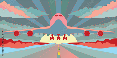 Stylized retro vector illustration of a pink airplane landing on an airport runway at sunset