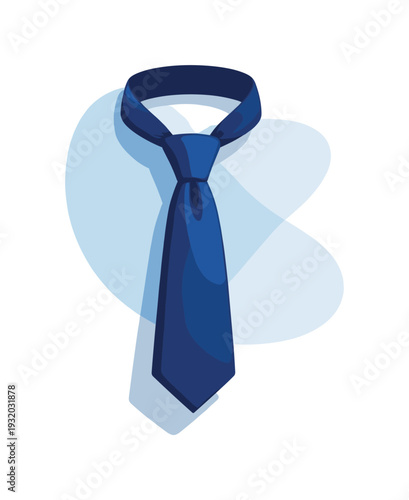 Elegant dark blue silk tie knotted and hanging, isolated on a white background with abstract shapes