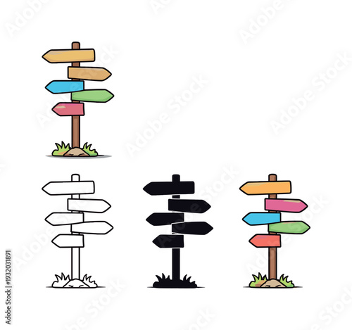 Office strategy scenario featuring a standing signpost with multiple directional planks branching from a central pole, introduced