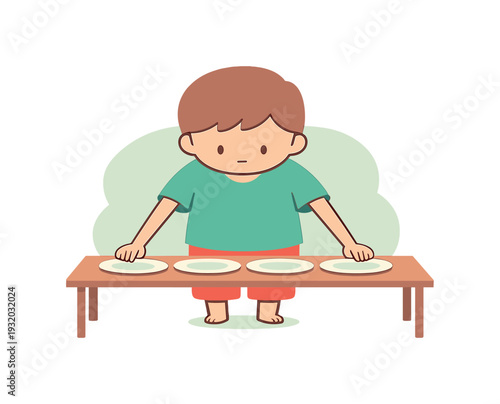 Quiet child stands by a table carefully arranging plates in neat rows, hands moving slowly as dishes align and crumbs stay aside.