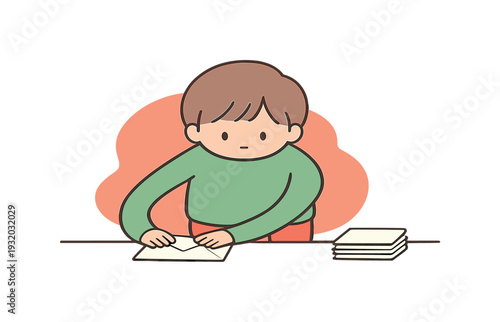 Cozy child seals an envelope carefully at a table, pressing the flap flat while papers wait nearby in neat order. | sealing