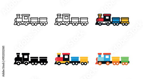 Collection of toy train icons in various styles and colors for design projects