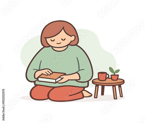 Soft person kneels holding a book and gently closing it while a small table sits beside them. | closing book reading, flat vector