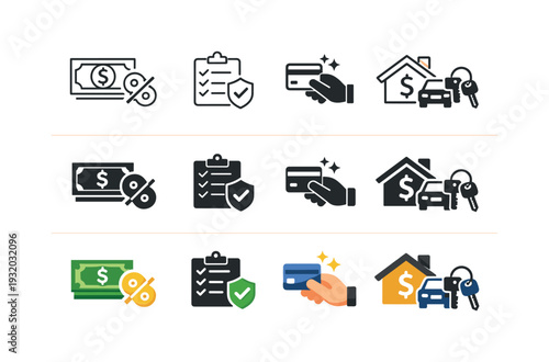 Financial icons for loans, credit, insurance, and property or car purchases