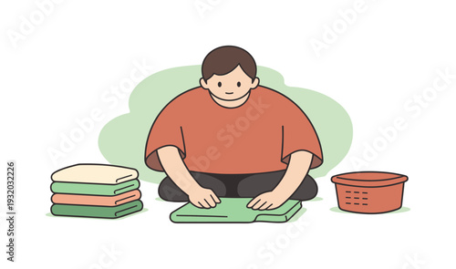 Quiet person folds clothes neatly, smoothing fabric as stacks grow even and the surface stays clear and calm nearby | folding