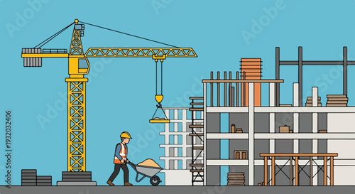 A vector illustration showcases a bustling construction site with a tower crane lifting materials and a worker pushing a wheelbarrow of sand toward a multi-story building under development.