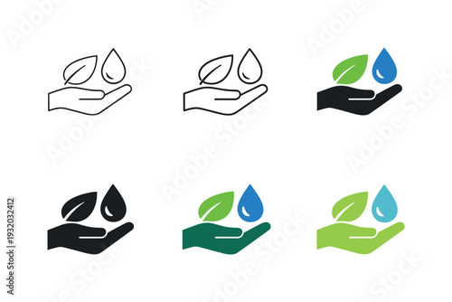Responsible resource consumption icon showing a hand holding a leaf and a water droplet together, symbolizing careful use of