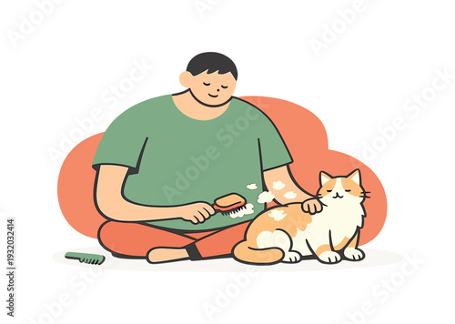 Quiet pet owner brushes a cat, soft fur lifting as the brush moves and the cat sits calmly nearby on a quiet floor at home today!