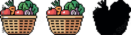 A wooden basket filled with fresh vegetables is presented in a retro pixel art style. The image shows the basket in three variations including full color, flat shading, and a solid black silhouette.