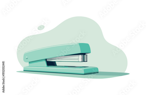 Minimalist teal stapler on a light background with abstract shapes