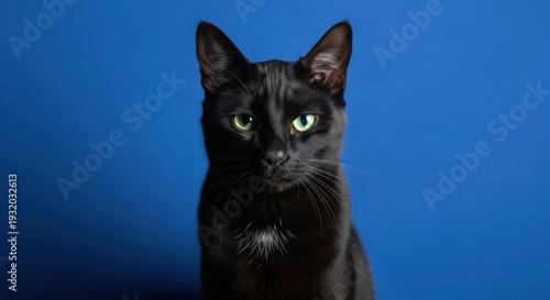 Black Cat with Bright Eyes on Blue Background.