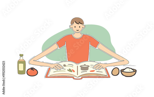 Light person opens a recipe book on a table, pages spreading wide as fingers pause and ingredients rest nearby. | recipe book,