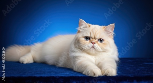 White British Shorthair Cat Lying on Blue Background.